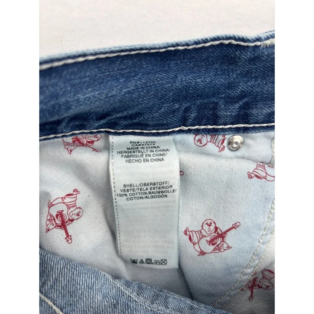 True Religion Straight Jeans Mens 34 Blue Distressed Ripped Denim Streetwear